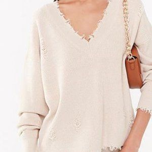 Taupe Distressed V-Neck Sweater Sz M